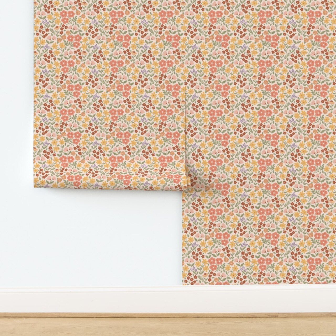 Boho Pink Floral Warm Colors Botanical Garden Bloom Meadow Wildflower Blush Pink Beige Custom Removable Wallpaper by Spoonflower Peel & Stick Wallpaper 2FT Wide